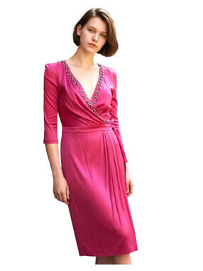 BLUMARINE Cruise IT-40 US-4 Pink Wrap Around Belted Beaded Dress V-neck